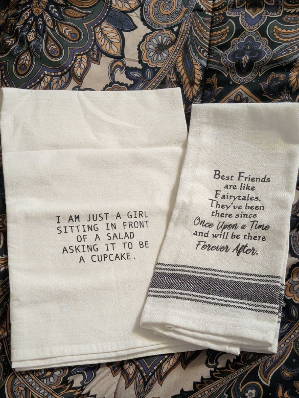 White Cotton Kitchen Towels with Black Text - Set of 2